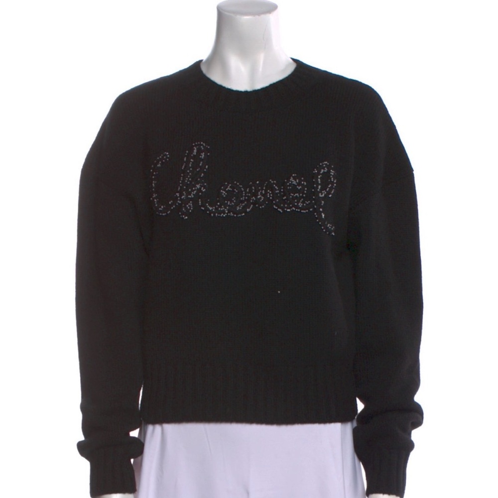 CHANEL Black Pearl Script Logo Crewneck Sweater